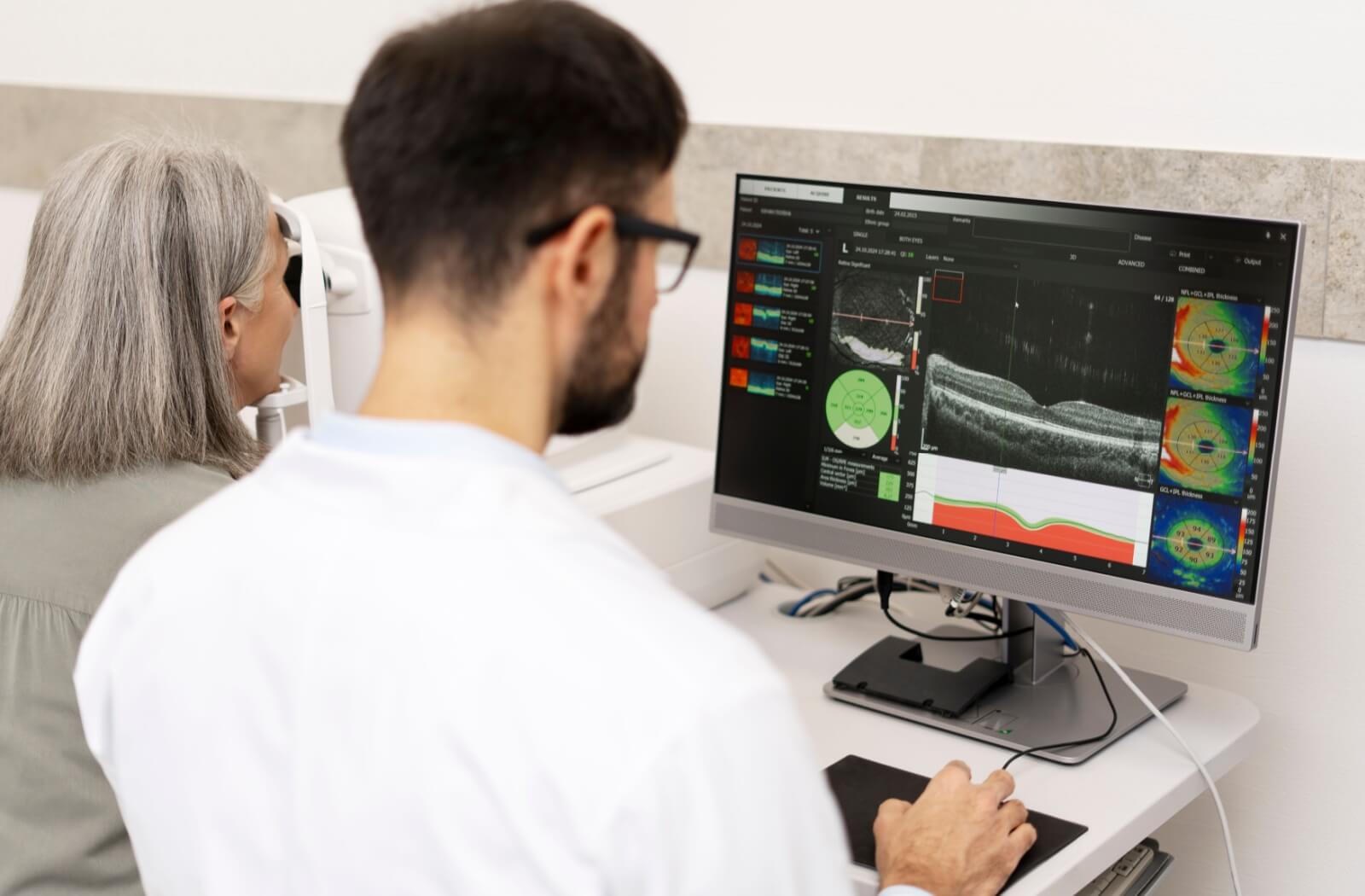 An optometrist analyzing their patient's retinal imaging scans during their diabetic eye exam.